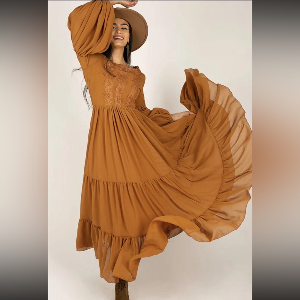 Joy Folie Mia Boho Tiered Maxi Dress Puffed Sleeves Marjorie Dress Size XXS